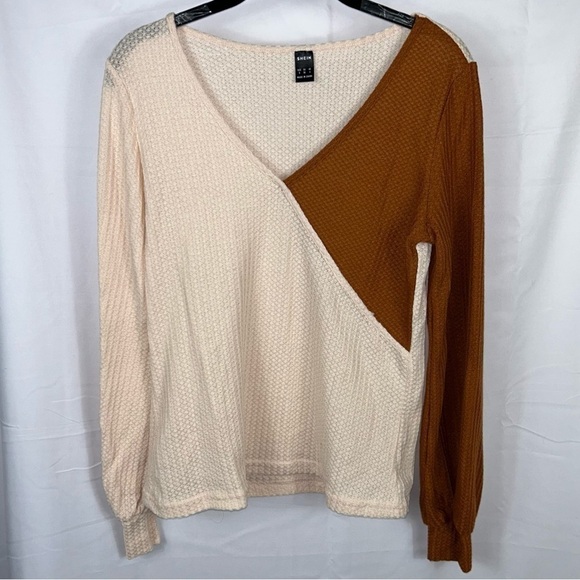 Shein Top Two Tone Surplice Deep V-Neck Faux Wrap Long Sleeve Pullover Shirt - Picture 8 of 9